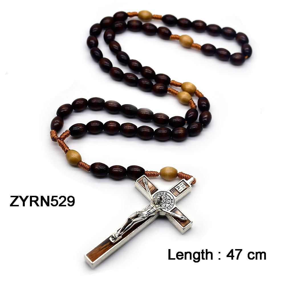 Rice-Shaped Wooden Bead Rope-Knitted Rosary Cross Necklace