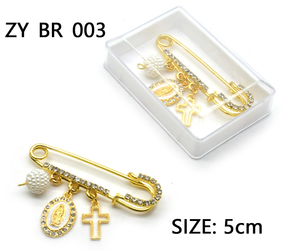 Full diamond golden Guadalupe Virgin Mary cross pendant brooch in a box