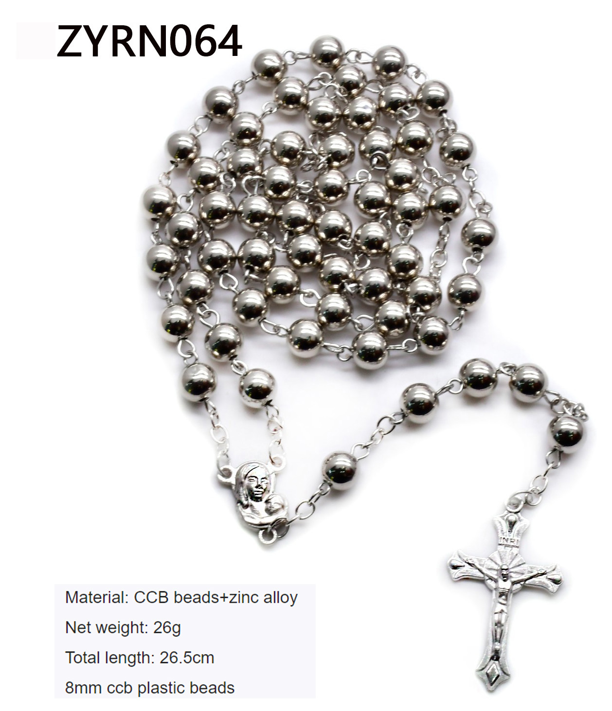 CCB 8mm Silver Rosary Cross Beaded Necklace