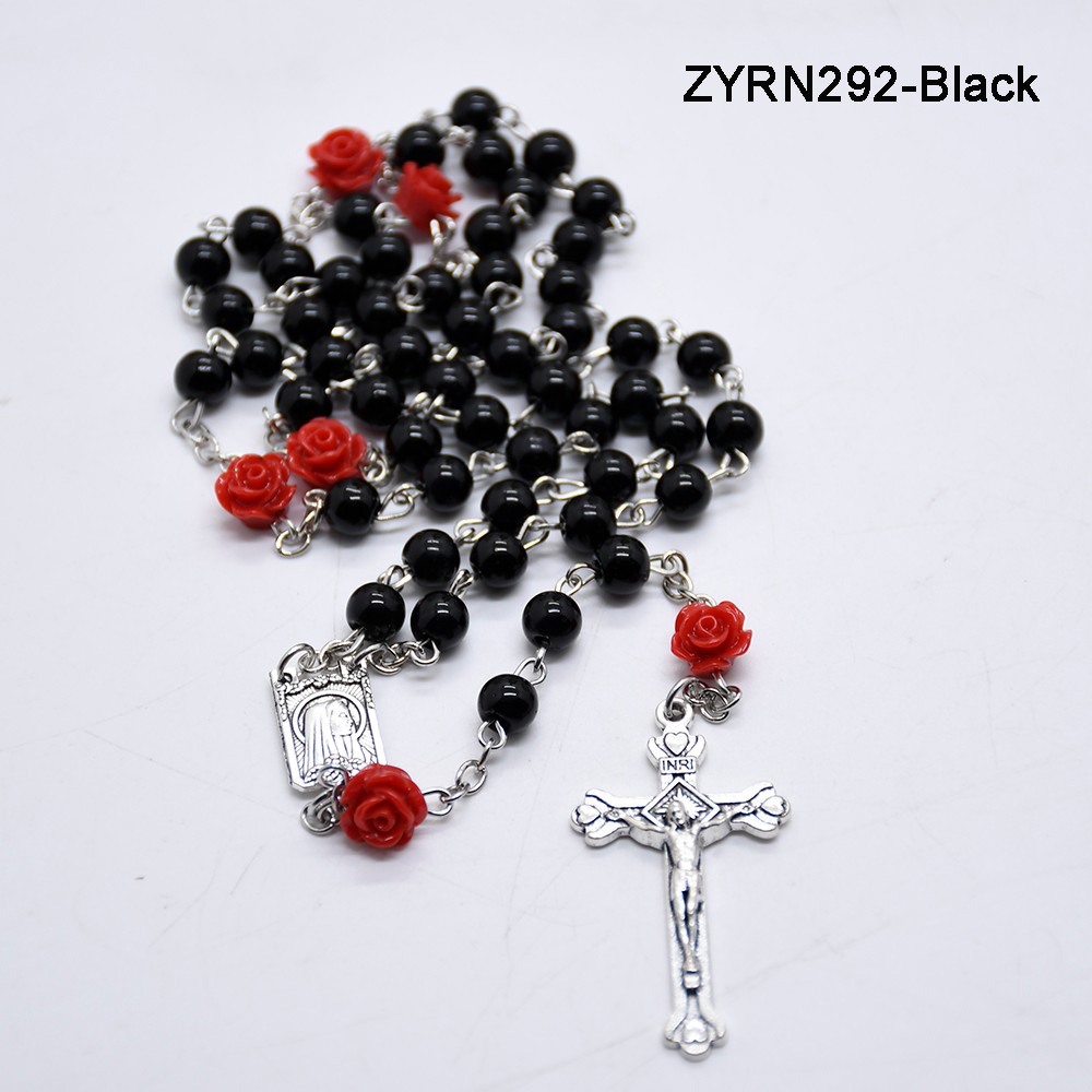 6mm Rose Petal Pearl Beaded Necklace with Cross - Christian Catholic Decorative Jewelry