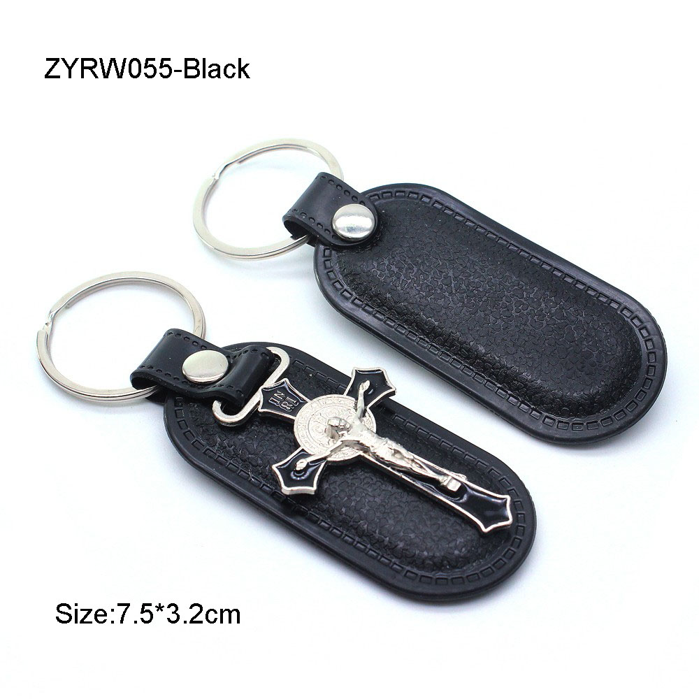 Metal Cross Black Leather Leather Keychain Hanger Loop