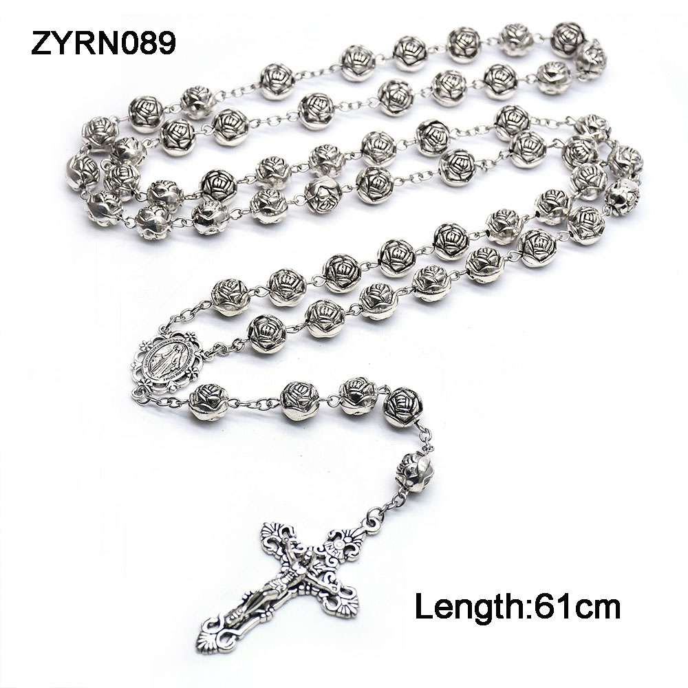 10mm vintage rose bead prayer chain cross necklace