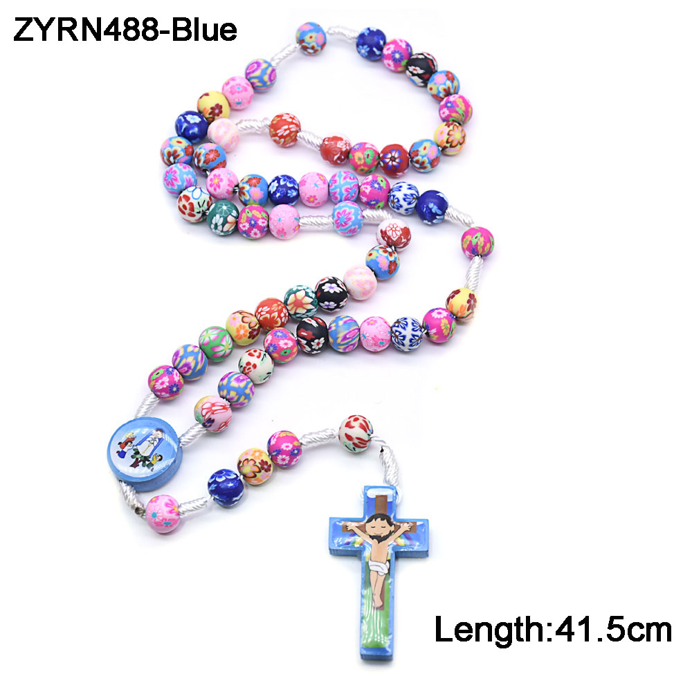 Colored Soft Clay Handmade Rose Beaded Necklace Children's Cross Prayer Beads Rosary