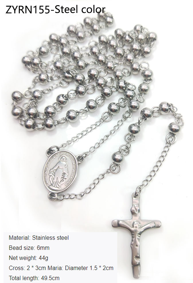6mm Stainless Steel Rosary Necklace