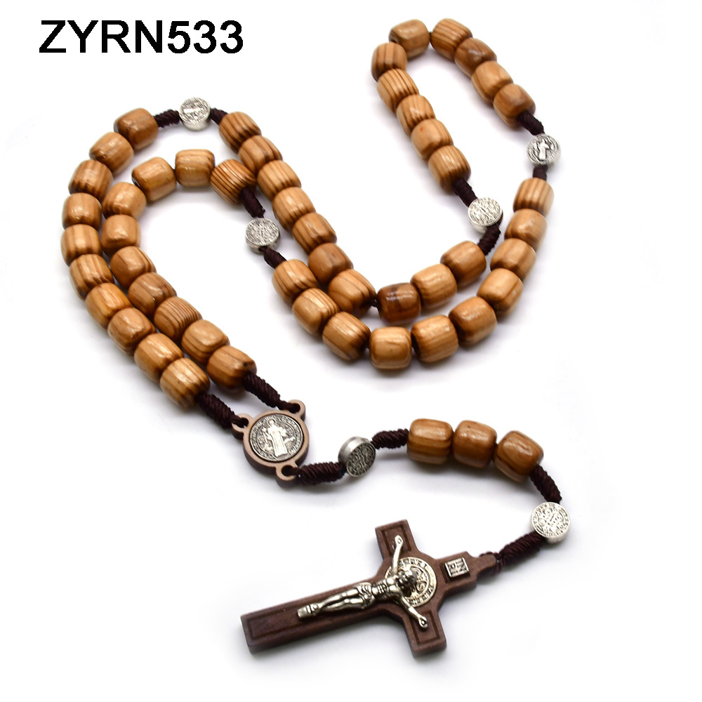 Larch wood cylindrical rope-woven rosary cross necklace