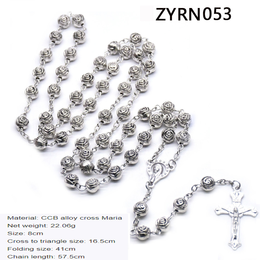 8MM cross-shaped necklace rose bead ancient silver prayer beads necklace