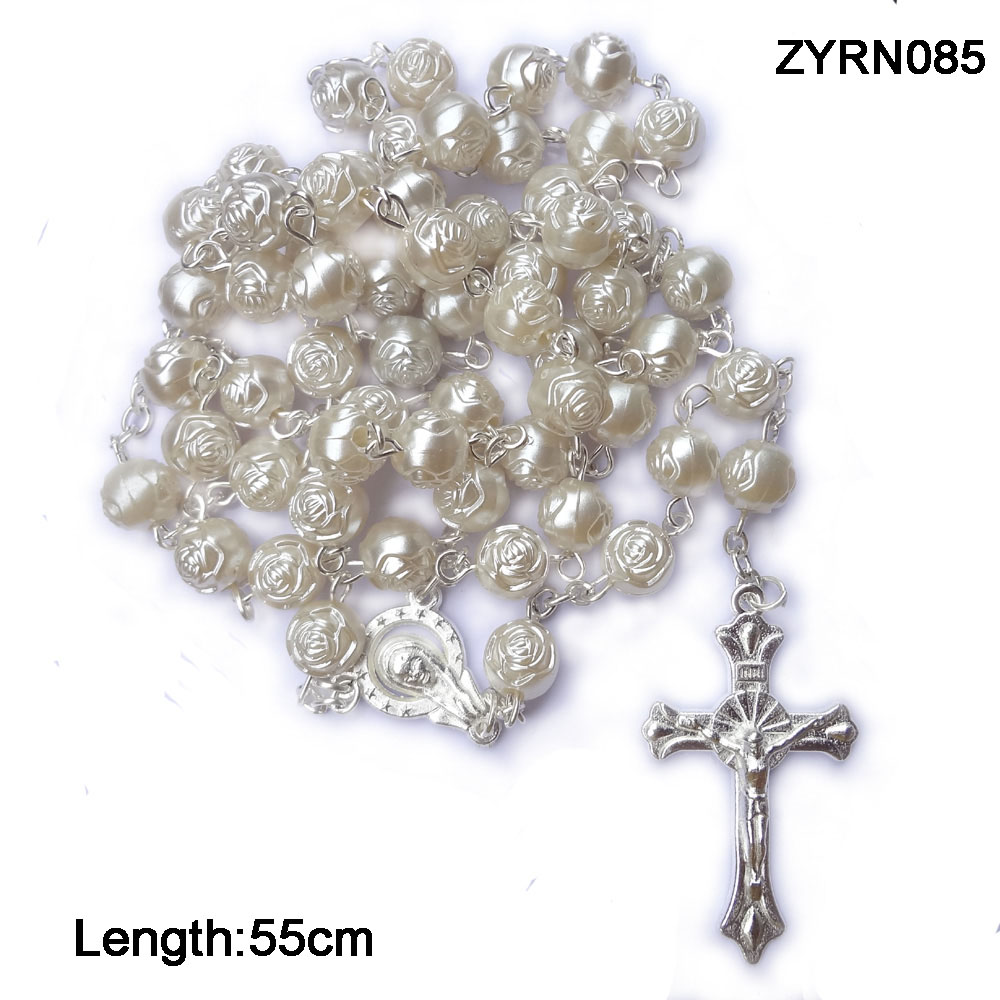 White Pearl Rose Beaded Prayer Beads Cross Necklace