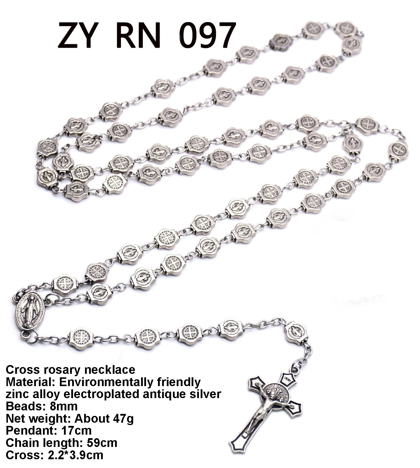 Retro Silver Alloy Metal Beaded Necklace Cross Necklace