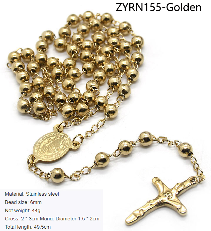 6mm Stainless Steel Beaded Necklace Cross Religious Jewelry