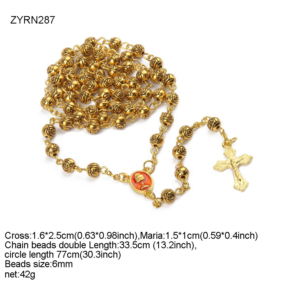 Retro Golden Rose Holy Grail Cross Beaded Necklace