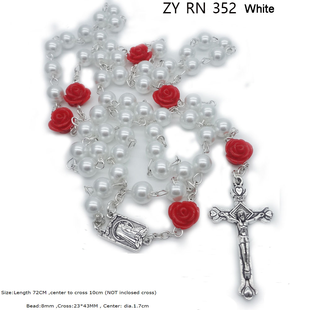 Rose Petal Pearl Cross Beaded Rosary Necklace 59 Prayer Beads