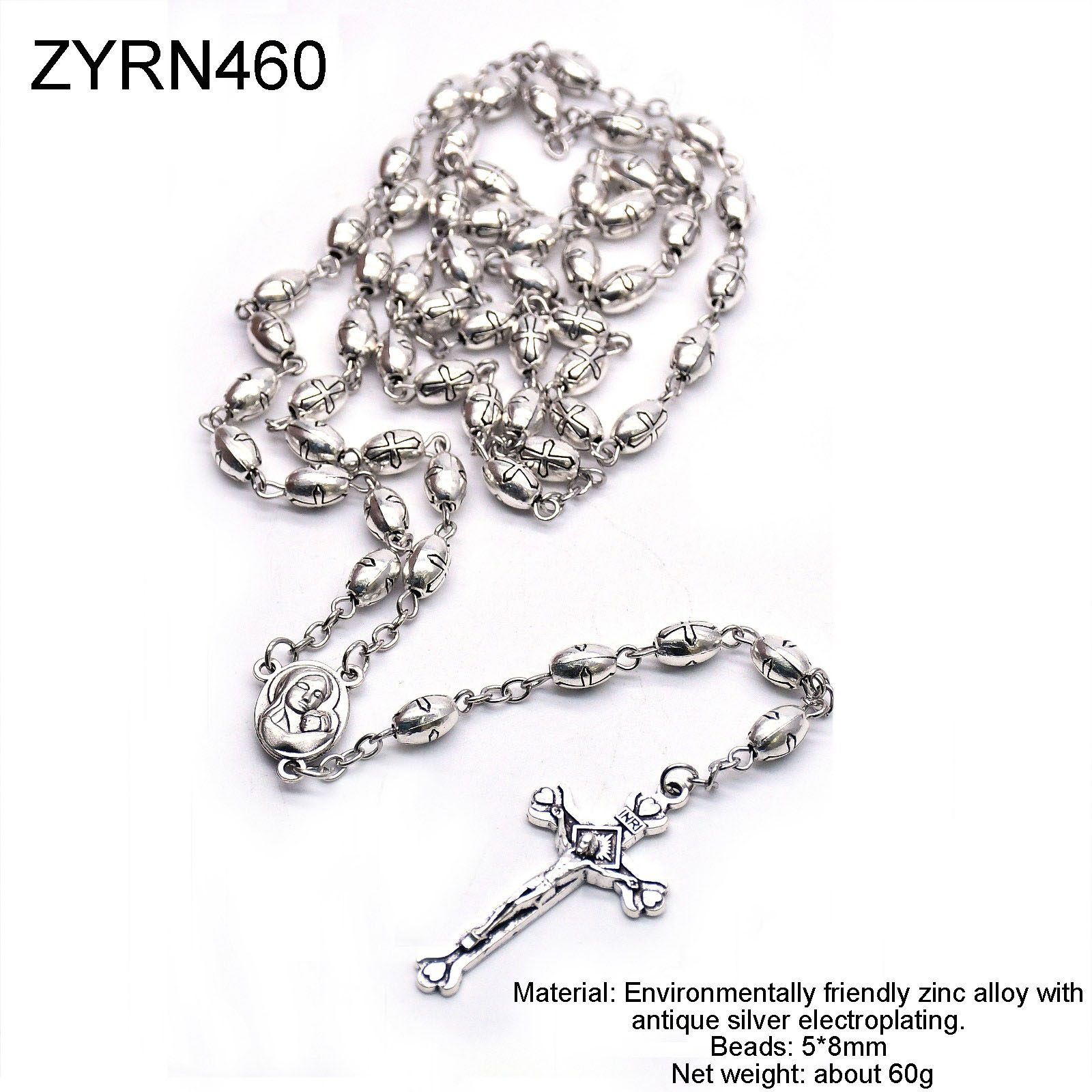 Retro Silver Alloy Rice-shaped Cross Beaded Necklace