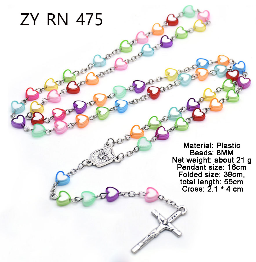 Children's colorful heart-shaped prayer beads and cross necklaces